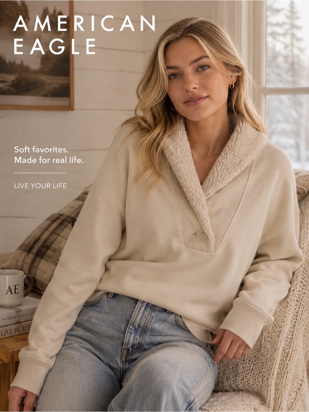 American Eagle Cozy Cream Pullover with Sherpa Collar- Small